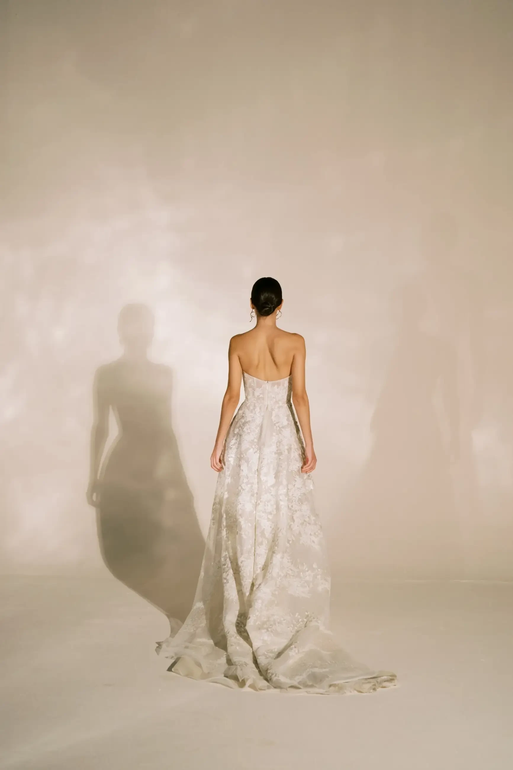 Model is wearing a simple A-line wedding gown with delicate embroidery over a nude underlay and lace accents.