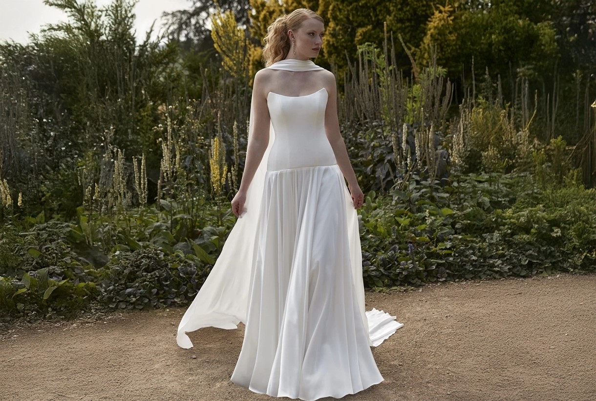 Model wearing a white bridal gown