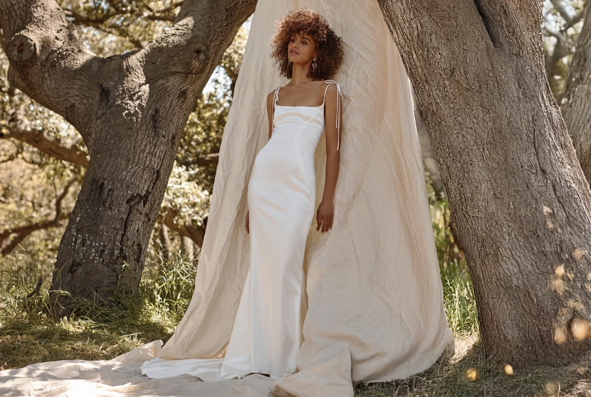 Model wearing a white bridal gown